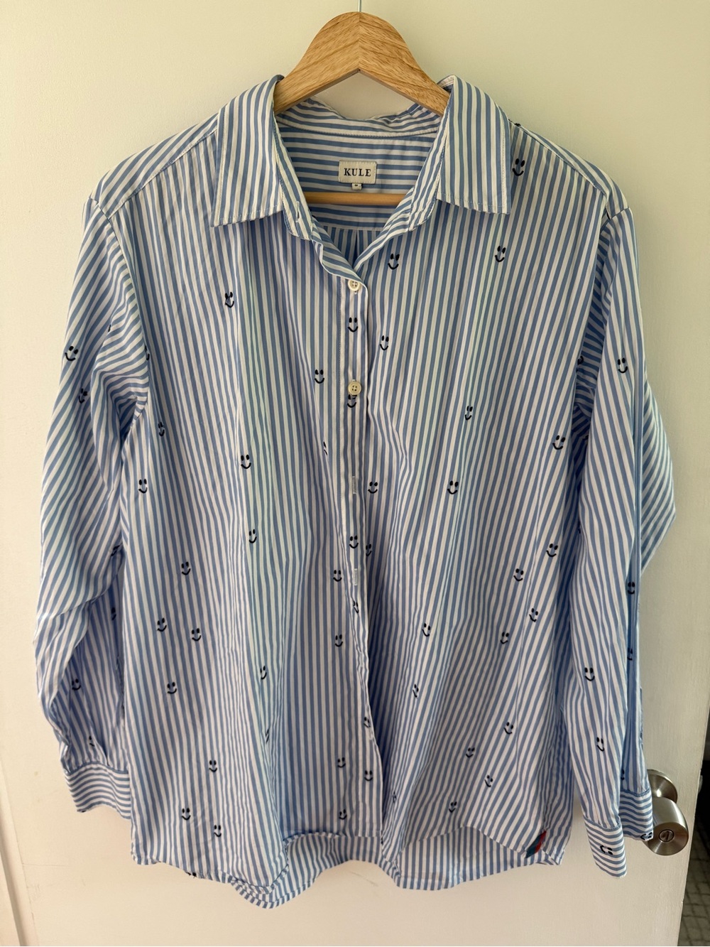Kule Blue Striped Button-Down Shirt with Smiley Embroidery